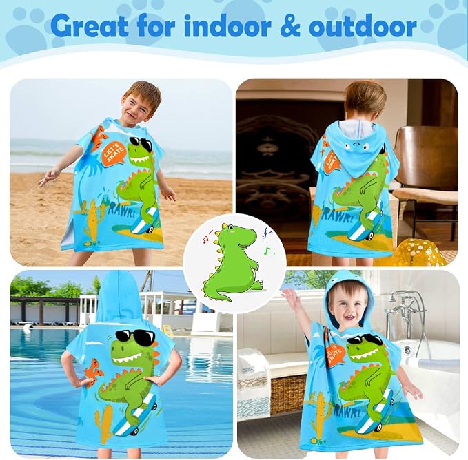 HUANLANG Kids Hooded Pool & Bath Poncho, Super Soft & Absorbent Cotton Towel, Dinosaur Beach Towels for Toddlers 0-7 Years Old