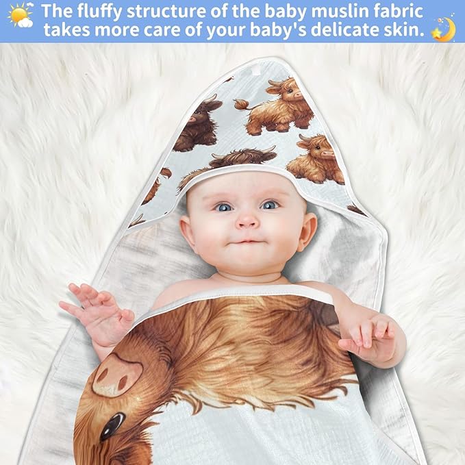 Highland Cows Hooded Baby Bath Towels, Cotton Soft Hooded Towel for Babies - Absorbent Baby Bath Towels 30x30 Inch