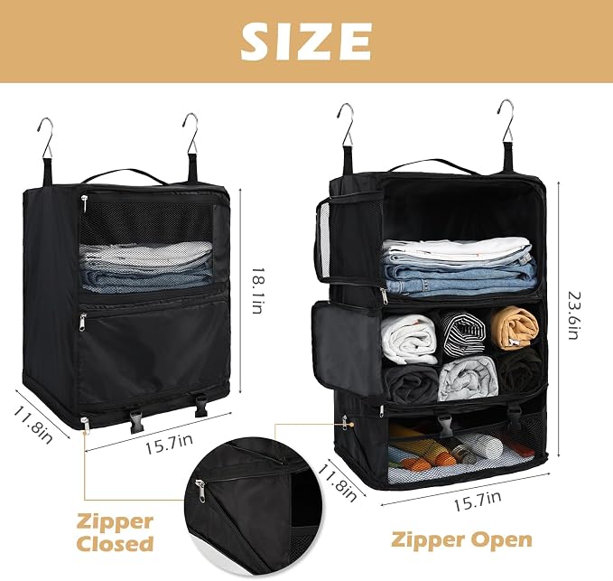 Surblue Hanging Shelves Travel Storage Bag Compression Packing Cube for Suitcase Portable Closet Organizer Collapsible with Extension Layer Large Capacity,Black,XXL