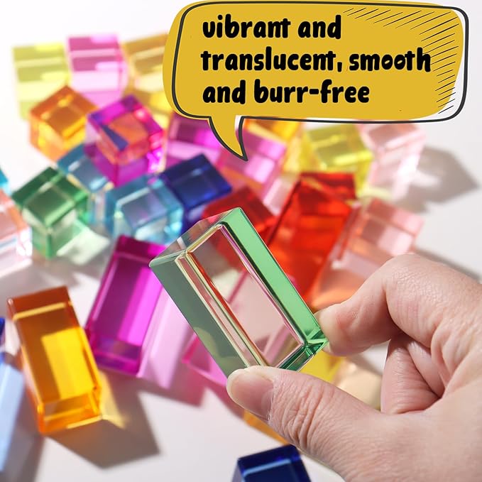 Dinhon 10 Pcs 10 Unique Colors Elongated Acrylic Blocks - 2.5x2.5x5CM Rainbow Gem Rectangular Cubes, Sensory Stacking Toy for Toddlers 1-5, Birthday Gift for Kids