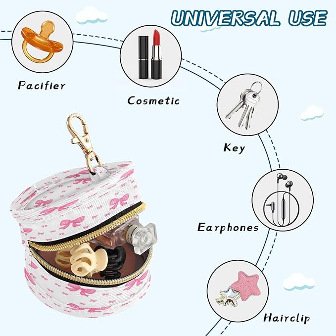 Watercolor Pink Bows Pacifier Holder Case with Clip Portable Small Travel Pacifier Pouch for Mom Bag Zipper Coin Purse Pendant