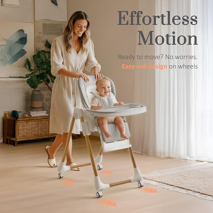 Mallify Foldable High Chairs for Babies and Toddlers, 3-in-1 Convertible Baby High Chair with Removable Soft Cushion and Tray, Adjustable Height & Recline, Lockable Wheels, Ligh Gray