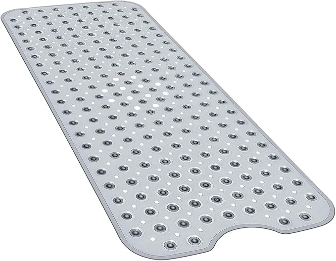 YINENN Bath and Shower Safety Mats 40x16 inch, Non Slip with Suction Cups for Bathroom Stall and Tub Floor, Extra Large and Machine Washable, Drain Holes Keep Bathtub Clean, Clear Gray