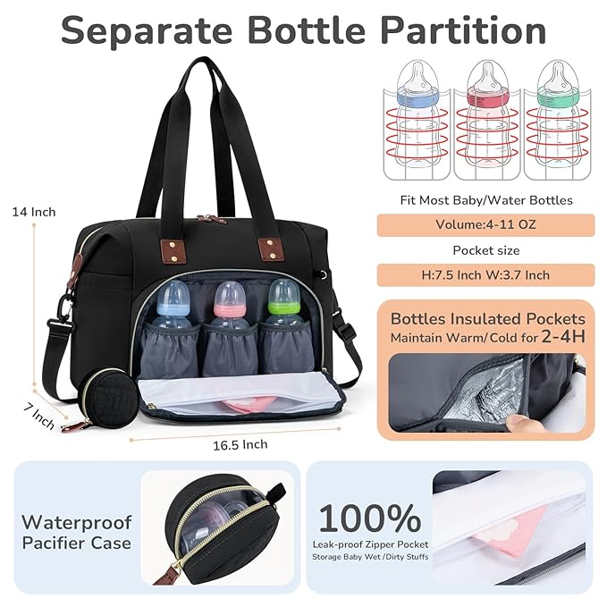 Tenot Diaper Bag Tote with Pacifier Case, Baby Bag for Women with Shoulder Straps, Travel Diaper Tote for for Mom and Dad Black