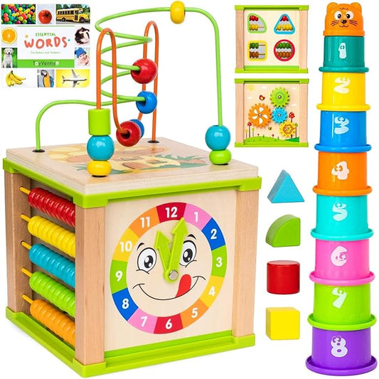 Wooden Kids Baby Activity Cube - Boys Gift Set | One 1, 2 Year Old Boy Gifts Toys | Developmental Toddler Educational Learning Boy Toys 12-18 Months | Bead Maze, First Birthday Gift
