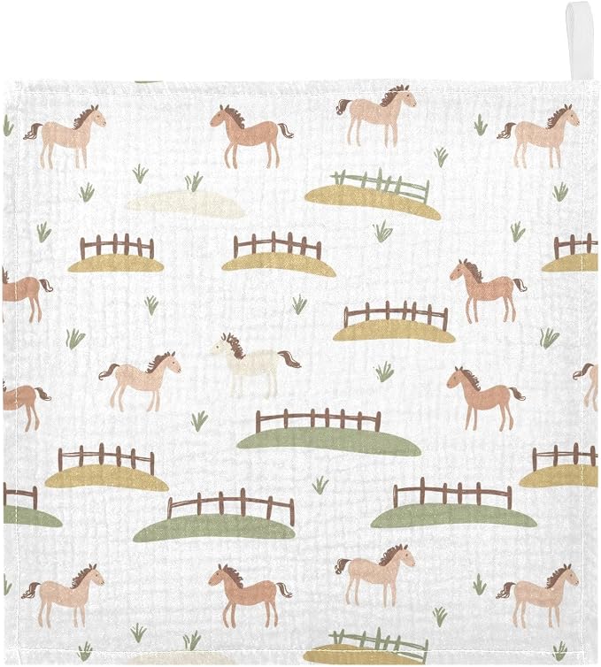 vvfelixl Cute Horses Fences Baby Burp Cloths Baby Muslin Washcloths for Boys Girls Cotton Babys Face Towel for Newborn Infants Soft and Absorbent 11.8 X 11.8 in, 5 Pack