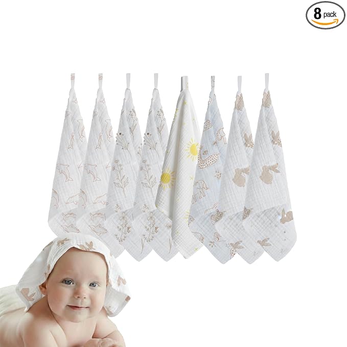 Muslin Baby Washcloths for Newborns, Pack of 8, 11"x11", Super Soft Cotton, Absorbent and Gentle, Baby Cotton Wipes, Baby wash Cloths