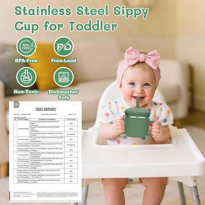 BUSOHA Stainless Steel Toddler Sippy Cup ??8oz Spill-Proof Straw Cup for 6+ Month Babies & Toddlers, 3-in-1 Reusable Travel Cup with Brush ??Dishwasher Safe, Kids Drinking Cup,Dark Green