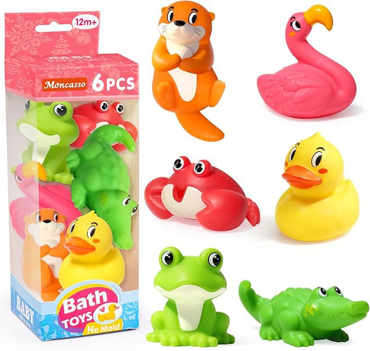 Mold Free Bath Toys for Kids Ages 1-3, 6Pcs No Hole River Baby Bath Toys Design Keeps Moisture Out, Toddler Learn Crab Ducks Animal with Soft Squeeze Bathtub Toys, Pool Toy