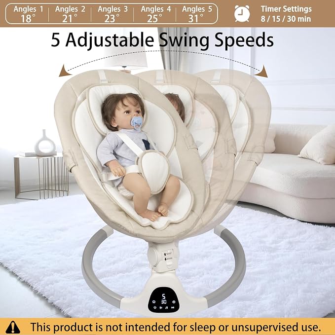 JFOVMCYG Electric Baby Swing for Infants 0-9 Months, Portable Infant Swing with 5 Swing Speeds, Bluetooth Audio, Remote Control, Washable Seat Cover, Lvory White, Up to 20 lbs