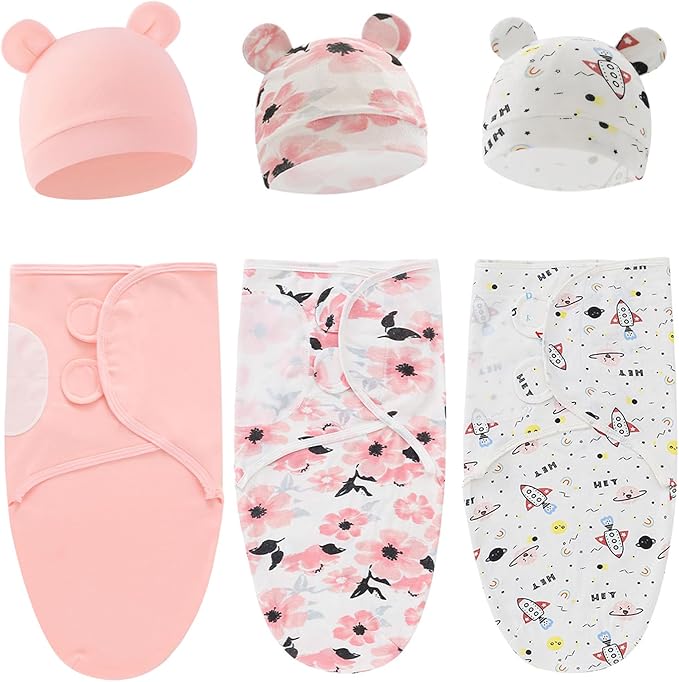 Baby Swaddle Sleep Sack with Hat Set for 0-3 months 3-Pack Soft Cotton Newborn Wearable Swaddle Wrap for Girls Boys