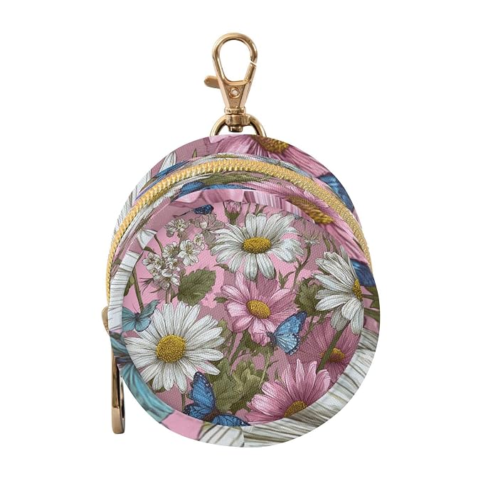 Pacifier Holder with Clip Pacifier Case for Diaper Bag Round Baby Pacifier Pouch Box Bag Portable Daisy Butterfly Pink Retro