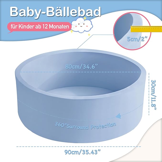 35.4" x 11.8" Foam Ball Pit for Toddlers, Baby Round Balls Pool for Babies 1-3, Kids Play Ball Pits for Boys and Girls, Balls Not Included, Lightblue