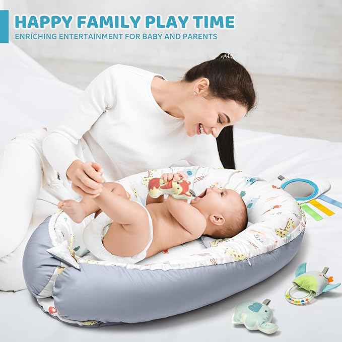 Baby Play Mat, 7-in-1 Infant Gym Mat for Sensory and Motor Development, Washable & Portable Newborn Tummy Time Activity Mat for Home & Travel, Babies Gift for 0-3-6-9-12-18 Months