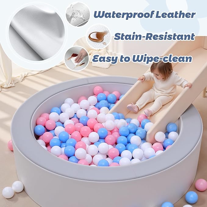 Leather Foam Ball Pit for Toddlers: Waterproof Baby Ball Pit with Soft Memory Foam - Large Soft-Play Set Baby Playpen Indoor Outdoor Games - Ideal Gifts Toys for Boys and Girls (Upgraded Round)