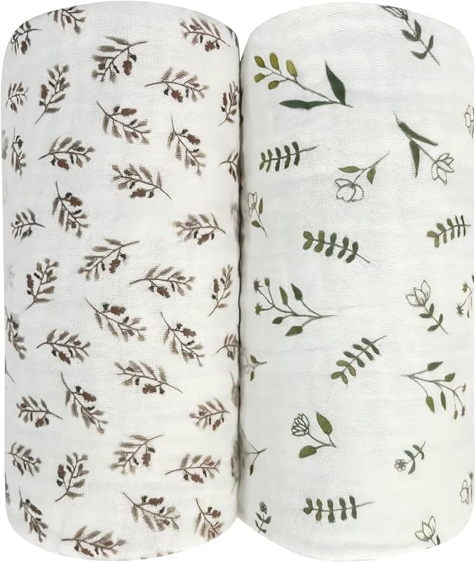 Ultra Soft Muslin Baby Blanket Pack of 2 Cotton Swaddles Bed Blankets for Babies and Toddlers Boys Newborn 43 x 43 inches (Green and Coffee)
