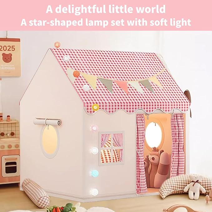 Large Kids Tent Kids Play Tent Toy hut Castle Game House Indoor and Outdoor Play House with Shining Stars Light Girls Birthday Present Party Decoration Secret Base Pink