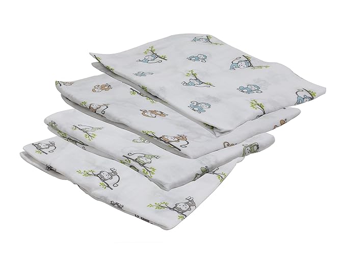 Bacati - Happy Monkeys Muslin Swaddling Blankets Set of 4 (Boys- Blue/Green/Grey/Biege)