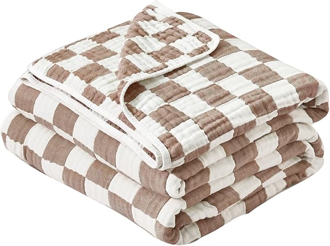 Ultra Soft Cozy 6-Layer Muslin Cotton Baby Blanket 41" x41” Breathable Lightweight Checkered Swaddle Blankets for Toddlers Baby Birthday Gifts All Seasons Both Sides Coffee