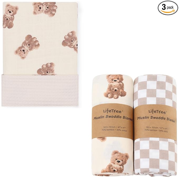LifeTree Muslin Swaddle Blankets Neutral, Baby Waffle Swaddling Wrap Nursery Blanket for Boys Girls Newborn, 70% Viscose from Bamboo and 30% Cotton