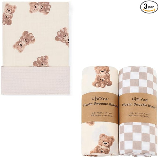 LifeTree Muslin Swaddle Blankets Neutral, Baby Waffle Swaddling Wrap Nursery Blanket for Boys Girls Newborn, 70% Viscose from Bamboo and 30% Cotton