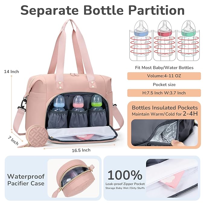 Tenot Diaper Bag Tote with Pacifier Case, Baby Bag for Women with Shoulder Straps, Travel Diaper Tote for for Mom and Dad Pink