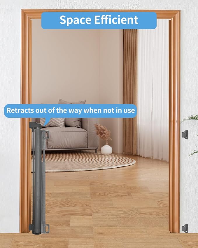2-Pack Retractable Baby Gate for Stairs-33”Height, Expands up to 55”Width-Safety Gate for Infants, Toddlers, Dogs & Pets-Easy Install, Secure Closure, Gray Mesh Design for Indoor & Outdoor Use