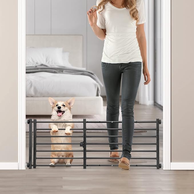 Malier Indoor Dog Gate with Door, 26-41" Extra Wide Full Metal Pet Gate Short Dog Gate for Stairs, Pressure Mount 14'' Tall Small Puppy Low Gate Easy Step Over for Doorways
