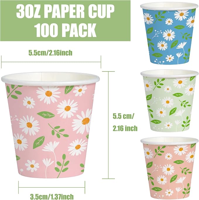 WRAPAHOLIC 3oz Paper Cups - 100 Pack Disposable Bathroom Cups with Daisy Floral and Leaf Design, Small Mouthwash Cup for Toothbrush Rinse, Home Bathroom, Picnic, BBQ, Travel and Tea Party