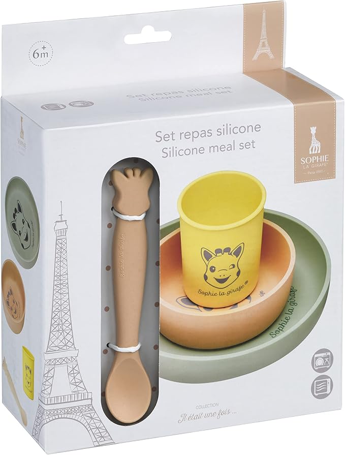 Sophie la girafe Silicone Baby Feeding Set, Includes Plate, Bowl, Cup, and Spoon, Dishwasher and Microwave Safe