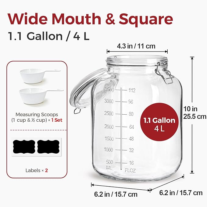1.1 Gallon Wide Mouth Glass Canisters with Airtight Lids & Measurement Marks (2-Pack) ??Includes 2 Measuring Scoops & Labels, Food Storage Jars for Flour, Sugar & Baking Supplies | BPA-Free