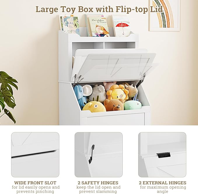 Kids Bookshelf, Toy Storage Organizer with Flip-Top Lid and Cubby, Wood Kids Bookcases Fit for Playroom, Children's Room, Bedroom, Nursery School