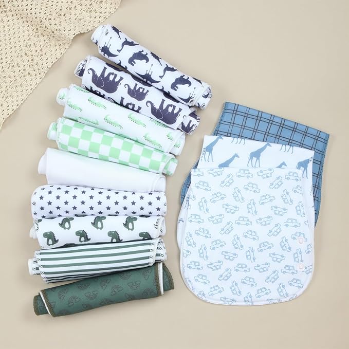 2-in-1 Burp Cloths and Baby B.ibs - 6 Pack Large Super Absorbent Soft Cotton Burping Cloths for Spit Up, 3 Layers Thick Baby Burp Rags for Girls & Boys