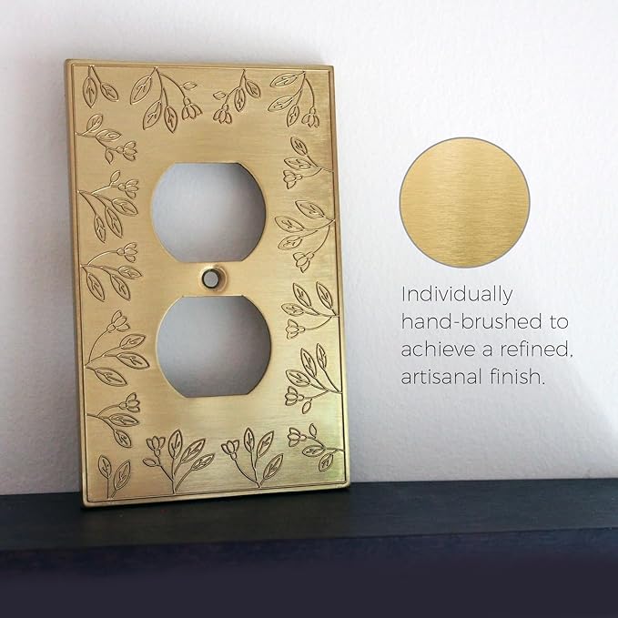Rio Salto Flower Collection Single Gang Duplex 4 Pack ??Brushed Brass Gold Metal Outlet Cover, Light Switch Covers Decorative Midsize 5" x 3.13" Plug Cover Plate, Luxury Artisanal Premium Wall Plate