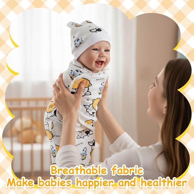 Ramede 6 Pack Swaddle Blanket with Hats for Baby Girl Boy 100% Cotton Swaddles 0-3 Months, Adjustable Breathable Skin Friendly Receiving Blanket Wrap, Essential for Newborns(Rainbow,Yellow)