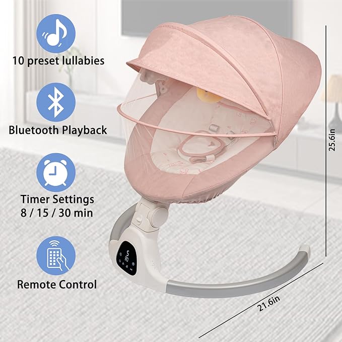 Baby Swing for Infants to Toddler Portable Babies Swing Timing Function 5 Swing Speeds Bluetooth Touch Screen Music Speaker with 10 Preset Lullabies 5-Point Carabiner (Pink)