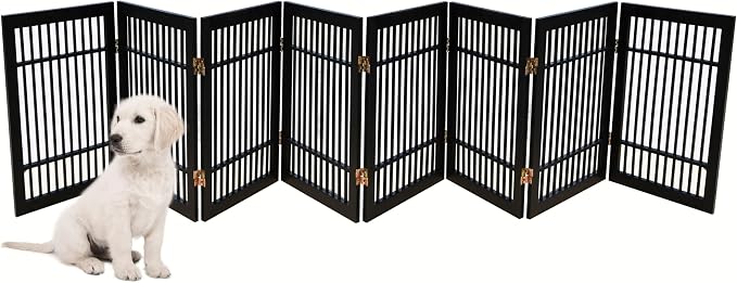 Urnporium Pet Dog Gate Freestanding, Strong Durable Folding Wooden Fence, Portable Acacia Hardwood Safety Barrier for Indoor & Outdoor Use (Black Pet Gate, 8 Panel 24" Tall)