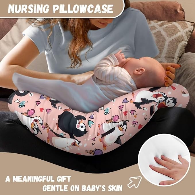Forchrinse Happy Penguin Nursing Pillow Cover for Girls Nursing Pillow Slipcover Breastfeeding Cushion Cover Baby Shower for Mom