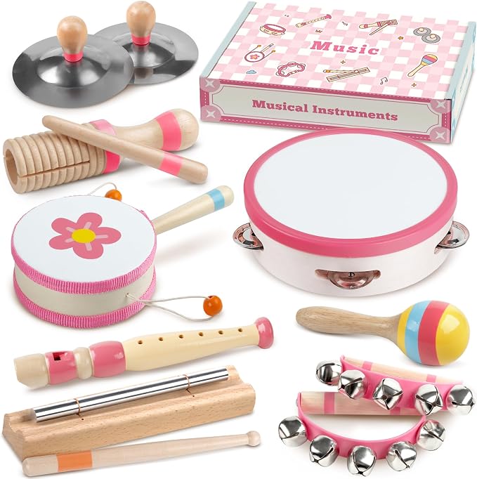 Baby Musical Instruments - Montessori Musical Toys for Toddlers 1-3, Wooden Percussion Instruments Set, Kids Preschool Educational Music Learning Toys, Birthday Gifts for Boys Girls (Pink)