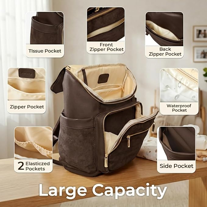 miss fong Diaper Bag Backpack - Large Diaper Bag Backpack Baby Backpack with 14 Pockets, Pañaleras Para Bebe with Waterproof Wet Pocket Luggage Sleeve for Mom Dad-Dark Coffee