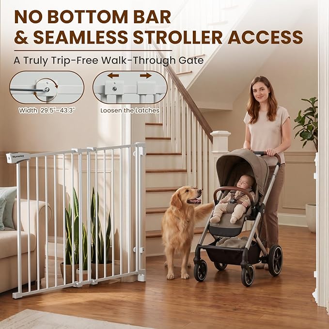 Mumeasy 36" Tall Baby Gate for Stairs, 29.5-43.3" Expandable Hardware Mounted (Drill Needed), Removable No Bottom Bar Dog Gate, Auto Close Wide Walk Thru Safety Gate for Doorways, Pets& Toddlers,White