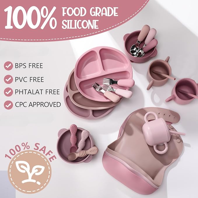 Yinder 24 Pack Silicone Baby Feeding Set Baby Led Weaning Essentials Suction Divided Plate Bowl Spoon Fork Adjustable Bib Snack Cup Straw for 6+ Months(Dark Pink, Dusty Pink, Peach Color)