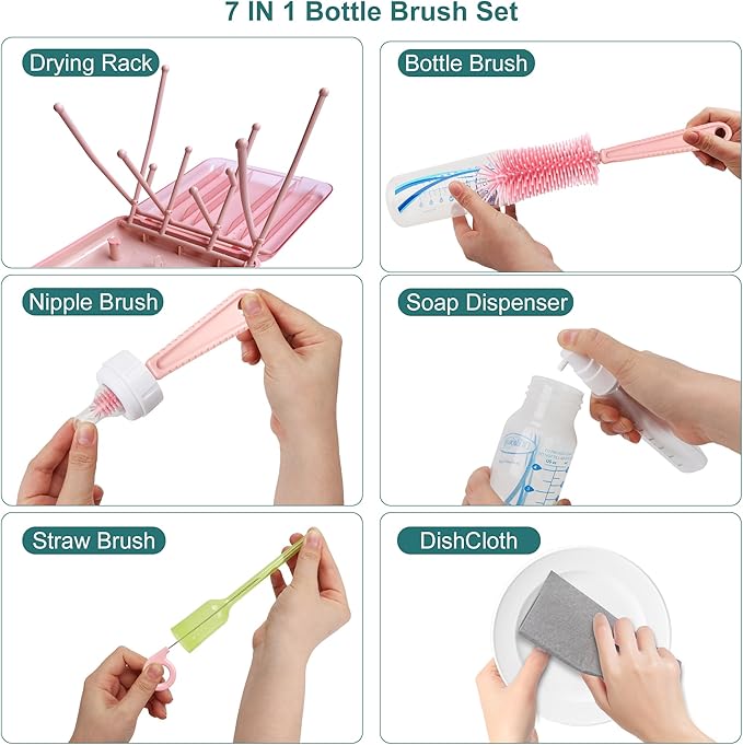 Baby Bottle Brush, 7 in 1 Travel Bottle Cleaner Kit with Silicone Bottle Brush, Nipple Brush, Straw Brush, Soap Dispenser, Bottle Drying Rack, Dishcloths, Portable Essentials for Home and Travel-Pink