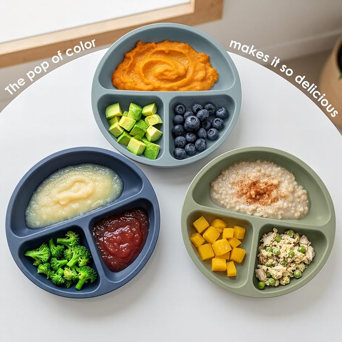 Tiny Marvels Baby Plates 3 Pack, 100% Food Grade Silicone Toddler Plates, Divided Baby Suction Plates, Non-Slip Toddler Plate Set, Baby Led Weaning Supplies, Microwave & Dishwasher Safe