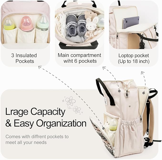 Western Diaper Bag with Changing Pad, Large Baby Bags Backpack with Stroller Straps & Insulated Pockets, Multifunction Waterproof Travel Diapers Back pack for Women & Man, Boho