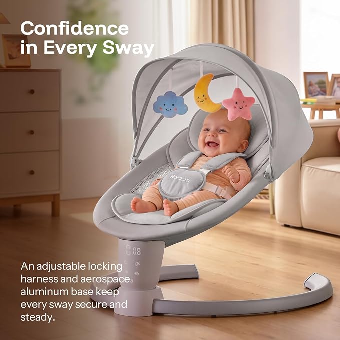 HARPPA Weddell Electric Baby Swing for Infants, 5-Point Harness, 5 Motion Levels, Remote & Touch Control, Built-in Melodies, Portable Baby Swing for Indoor Use,Light Gray