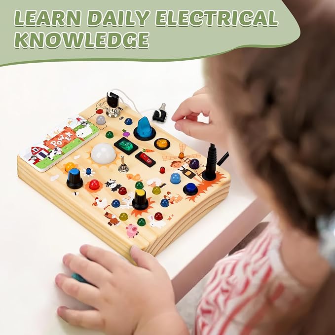 Joyreal Wooden Busy Board with LED Light, Montessori Toddler Toys, Wooden Sensory Board, Toddlers Activity Travel Toys for Boy & Girl Birthday Gift (Farm Theme)