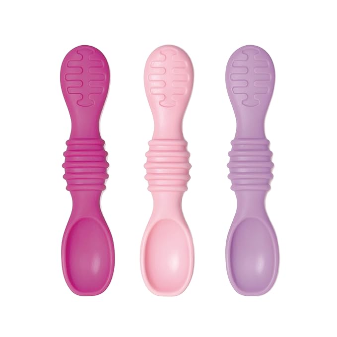 Bumkins Baby Utensils Set, Silicone Spoons for Dipping, Self-Feeding, Baby Led Weaning, Trainer Tip, Soft Chew Safe, Learning First Stage Eating, Babies 4 Months, 3-pk Lollipop Color