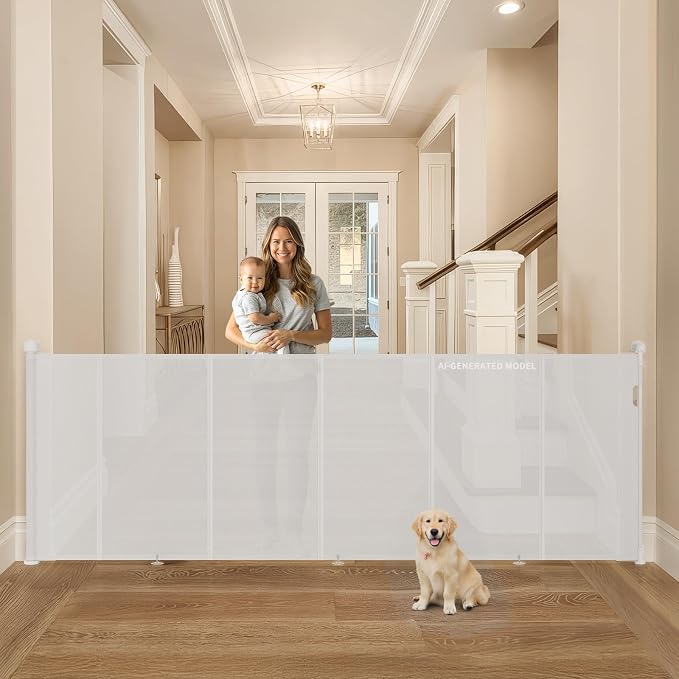 Upgrade Retractable Baby Gates Extra Wide(150" W x 42" H), 150 inch Reinforced Retractable Dog Gate to Prevent Crawling Through, Retractable Gate Outdoor/Indoor, Real One-Handed Operation, White
