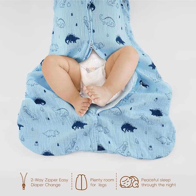 david's kids Muslin Cotton Baby Sleep Sack 12-18 Months, 2 Pack 100% Cotton Sleeping Bag for Summer, TOG 0.5 Baby Wearable Blankets with 2-Way Zipper, Soft Sleep Sacks for Newborn Infant, Dinosaur